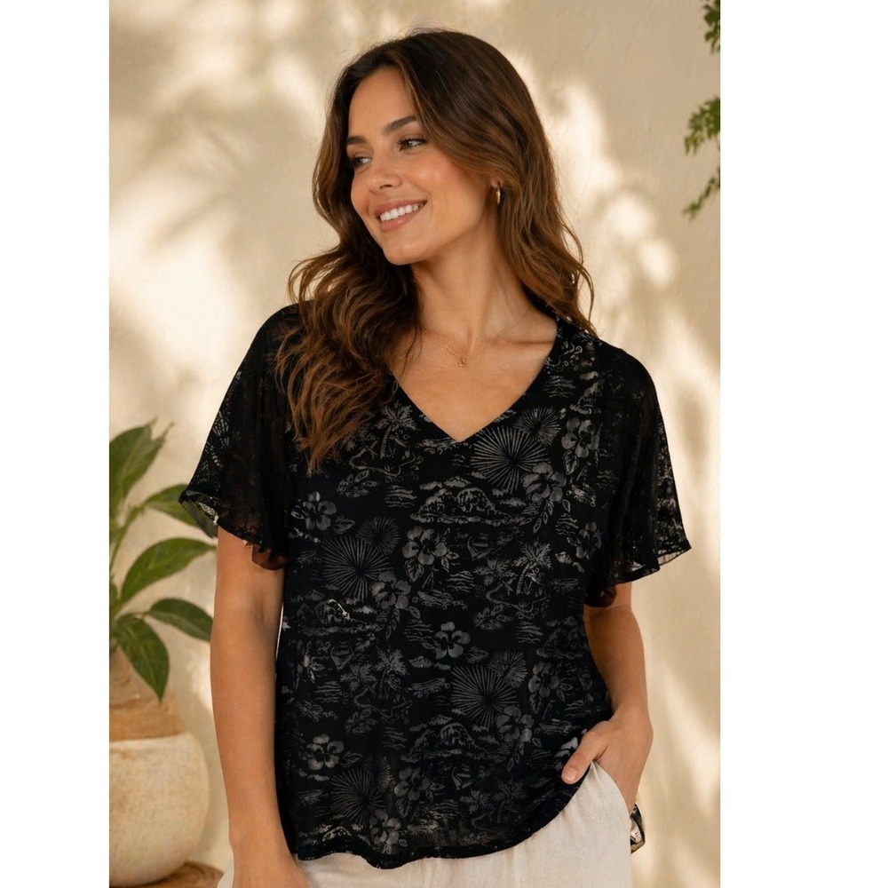Chico's Black‎ Burnout Lace Tropical Floral V-Neck Blouse Top Size 2 L Large